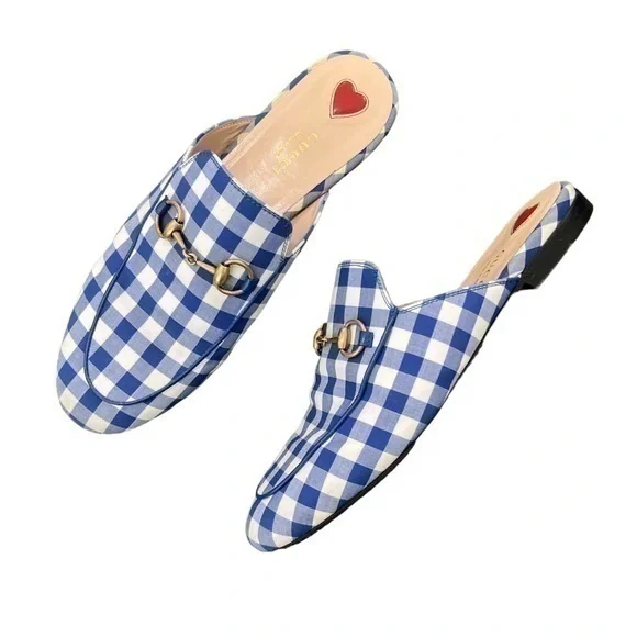 GUCCI Princetown White and Blue Gingham Loafer Mules Size 37.5 - Picture 1 of 7